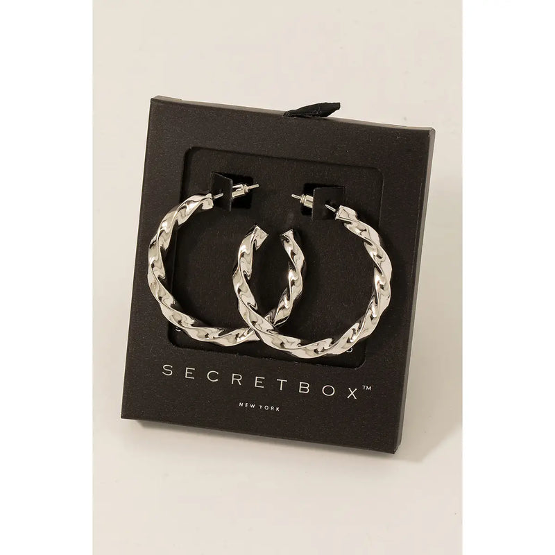 White Gold Secret Box Twisted Hoop Earrings