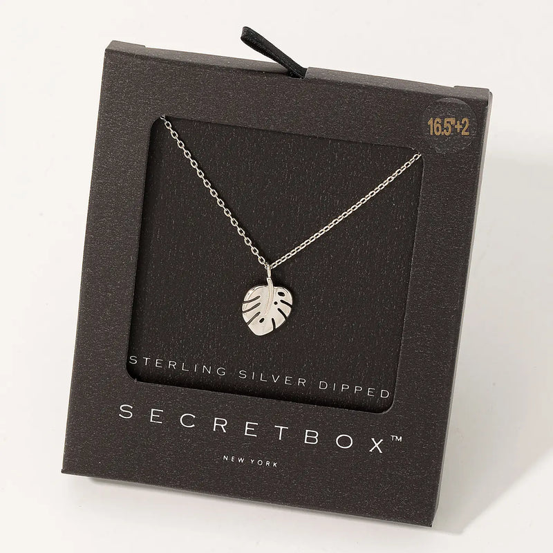 White Gold Secret Box Monstera Leaf Pendant Necklace