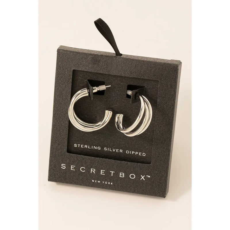White Gold Secret Box Layered Hoop Earrings