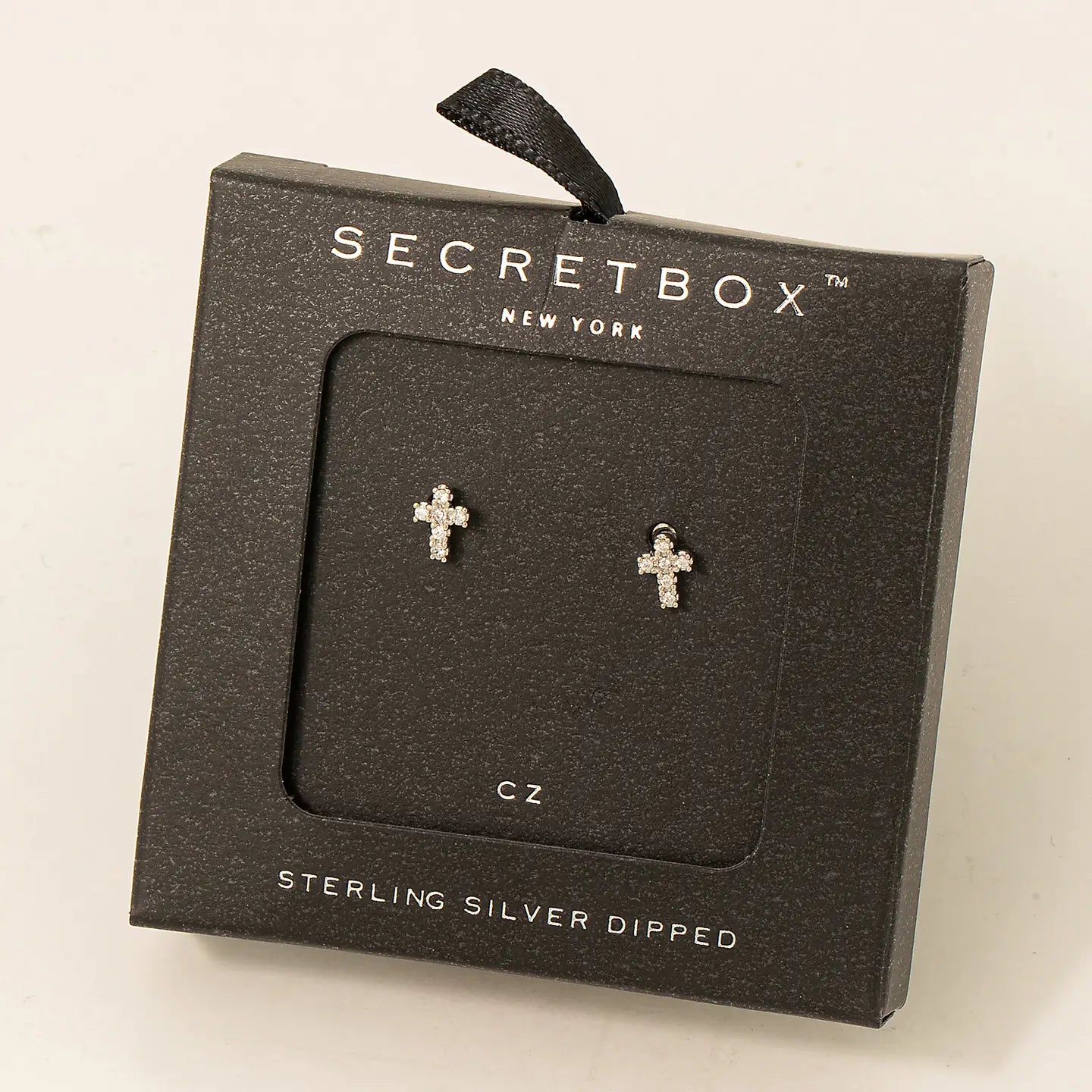 White Gold Secret Box Mini Cross Earrings