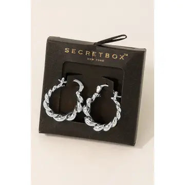 White Gold Secret Box Metallic Braided Hoop Earrings