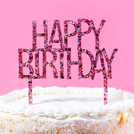 Cake Topper - "Happy Birthday" - Pink Confetti