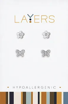 Silver CZ Butterfly and Flower Duo Layers Earrings