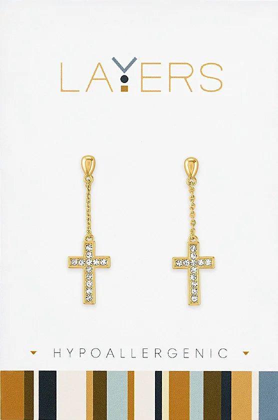 Gold CZ Cross Studded Dangle Layers Earrings