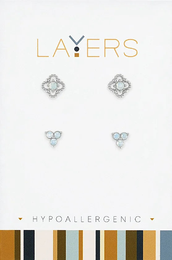 Silver Petal & Triple Opal Duo Stud Layers Earrings