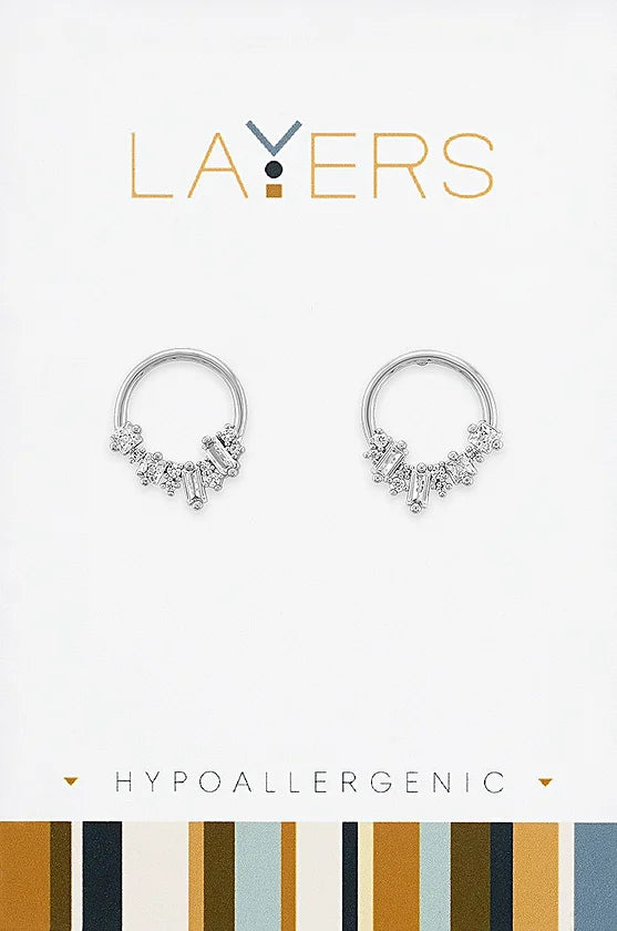 Silver Crystal Cluster Hoop Stud Layers Earrings