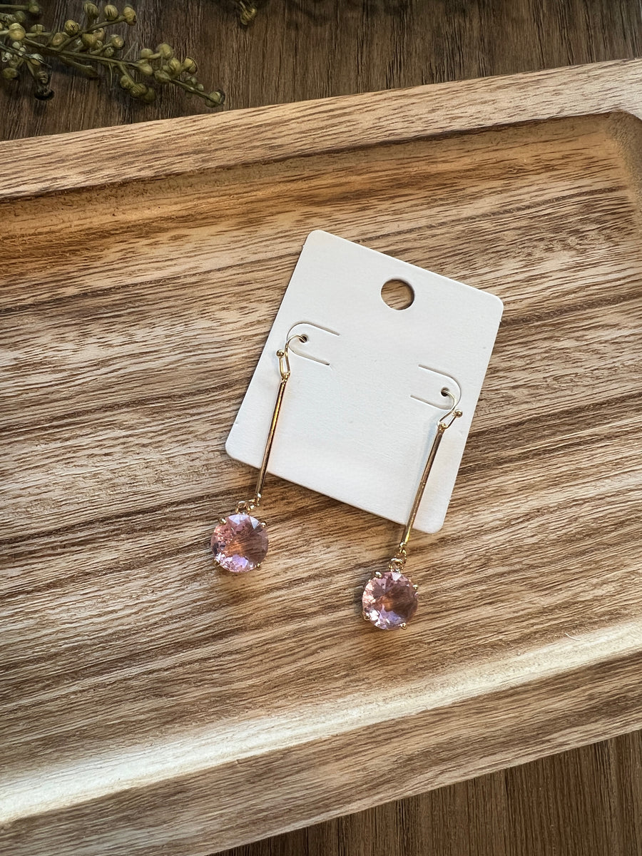 Pink Crystal Stone Gold Bar Earrings