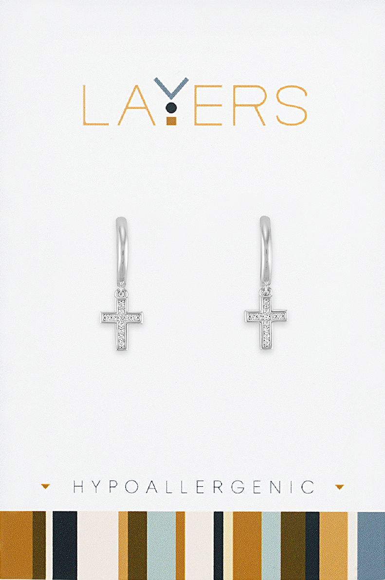 Silver CZ Cross Huggies Layers Earrings