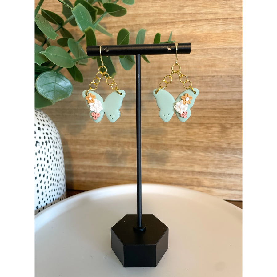 Floral Butterflies | Sage | Clay Earrings