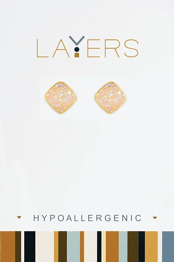 Gold Square Druzy AB Stud Layers Earrings