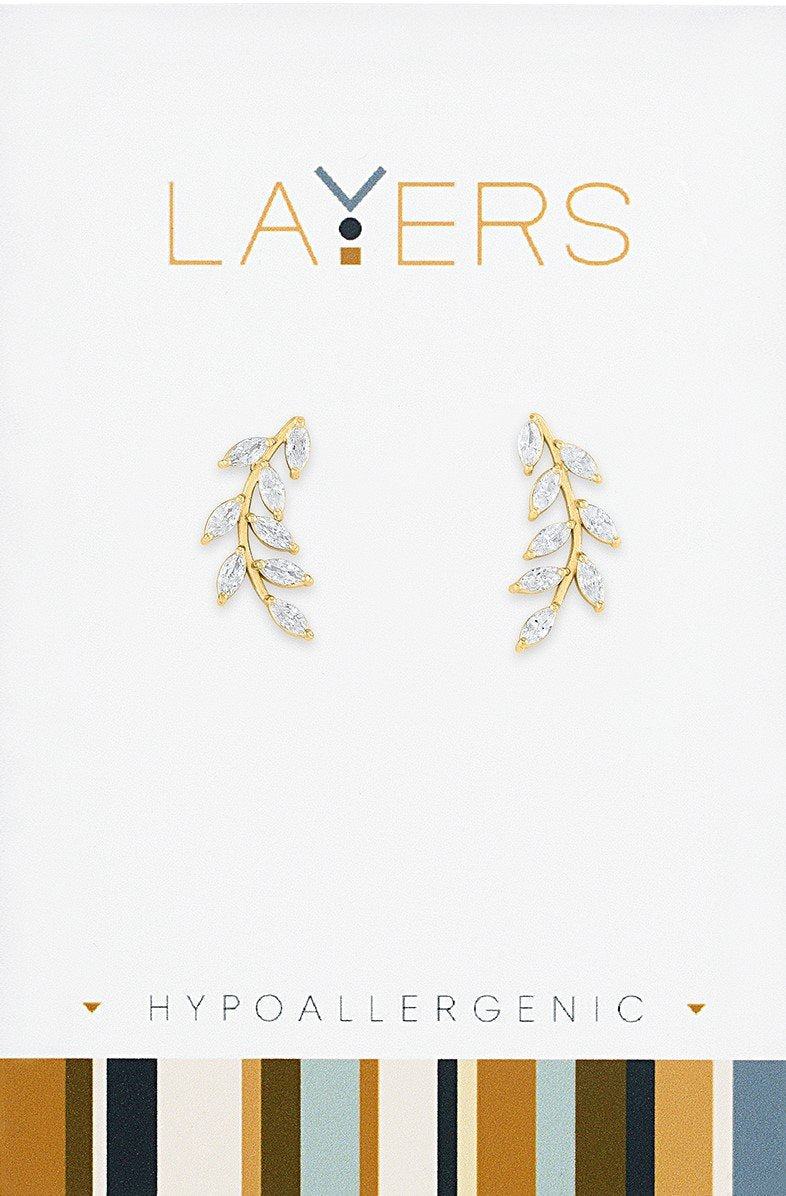 Gold CZ Leaf Stud Earrings