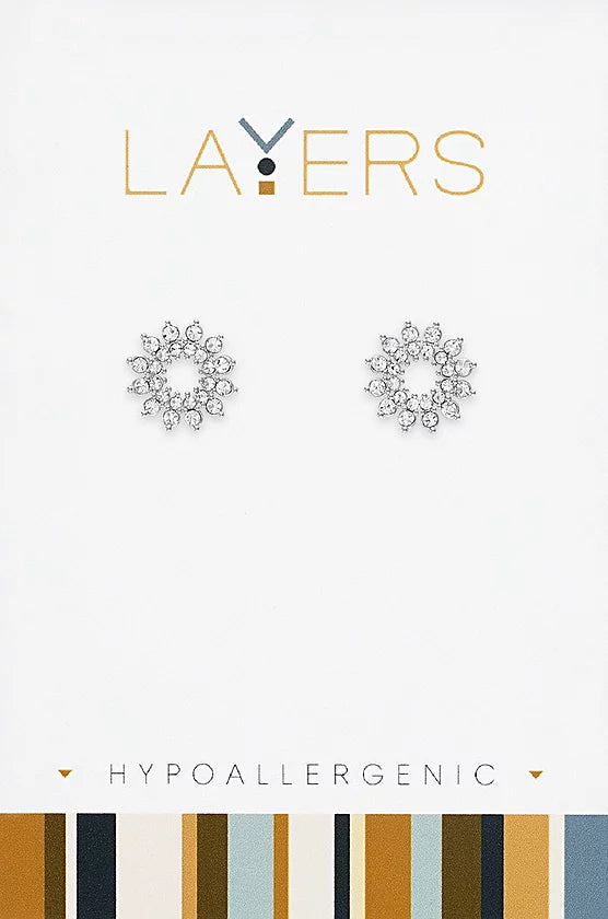 Silver Open CZ Floral Stud Layers Earrings