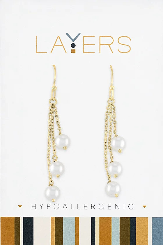 Gold Triple Pearl Dangle Layers Earrings