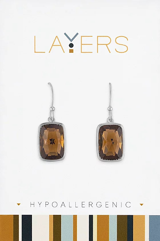 Silver Rectangle Smoked Topaz Dangle Layers Earrings