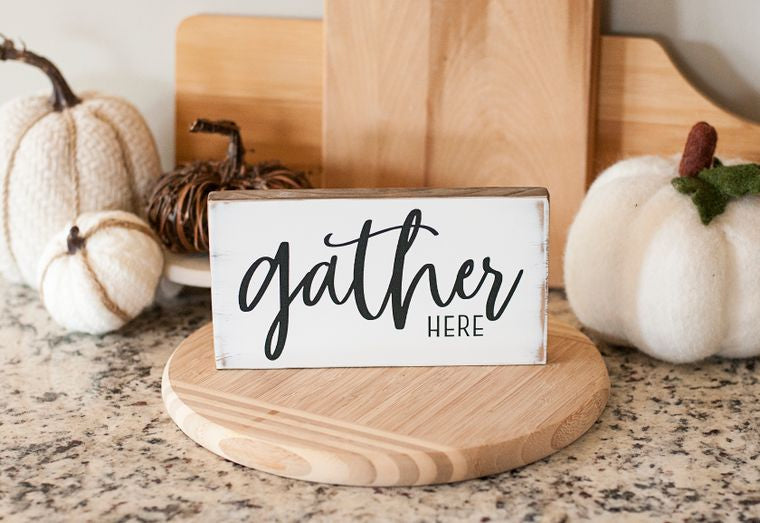 Gather Here- Black letters White background